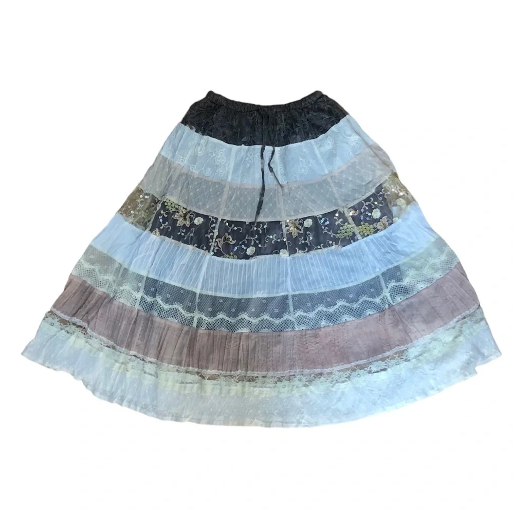 Ariella bohemian tiered elastic banded lace neutral skirt, Medium - Picture 1 of 6